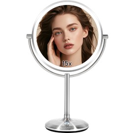 VESAUR 1X15X HD Lighted Makeup Mirror, 9" Large 5000mAh Rechargeable Double Sided Magnifying Mirror with 3 Touch Dimmable Light, 360°Rotation Detachable for Travel Vanity Mirror, Pearl Nickel, Gifts