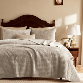 WDCOZY Velvet Queen Size Quilt Set - Beige Striped Pick Stitch Soft Lightweight Bedspread, Neutral Channel Farmhouse Country Rustic Coverlet, Modern Bedding Warm Thin Comforter, 3 Pieces