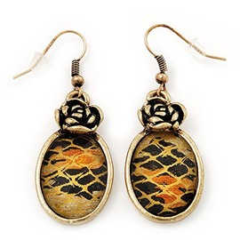 Oval Shape with Animal Print Floral Drop Earrings/Vintage Inspired/45mm Long