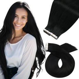 Moresoo Tape in Hair Extensions Human Hair #1 Jet Black Hair Tape in Human Hair Extensions Invisible Glue in Extensions Real Hair Straight 40 Pieces 100g 22 Inch