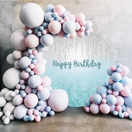 Laeacco 6.5x6.5ft Happy Birthday Round Backdrop Cover Polyester Shiny Silver Dripping Round Background Stand Cover for Photography Glitter Grey and Blue Round Backdrop Birthday Party Photo Booth Prop
