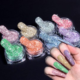 SIUSIO Diamond Nail Glitter Set, 8 Colors Reflective Glitter Dust Shiny Sugar Nail Powder Pigment Nail Supplies for Nail Art Gel Polish Crafts Disco Party Nightclub Wedding