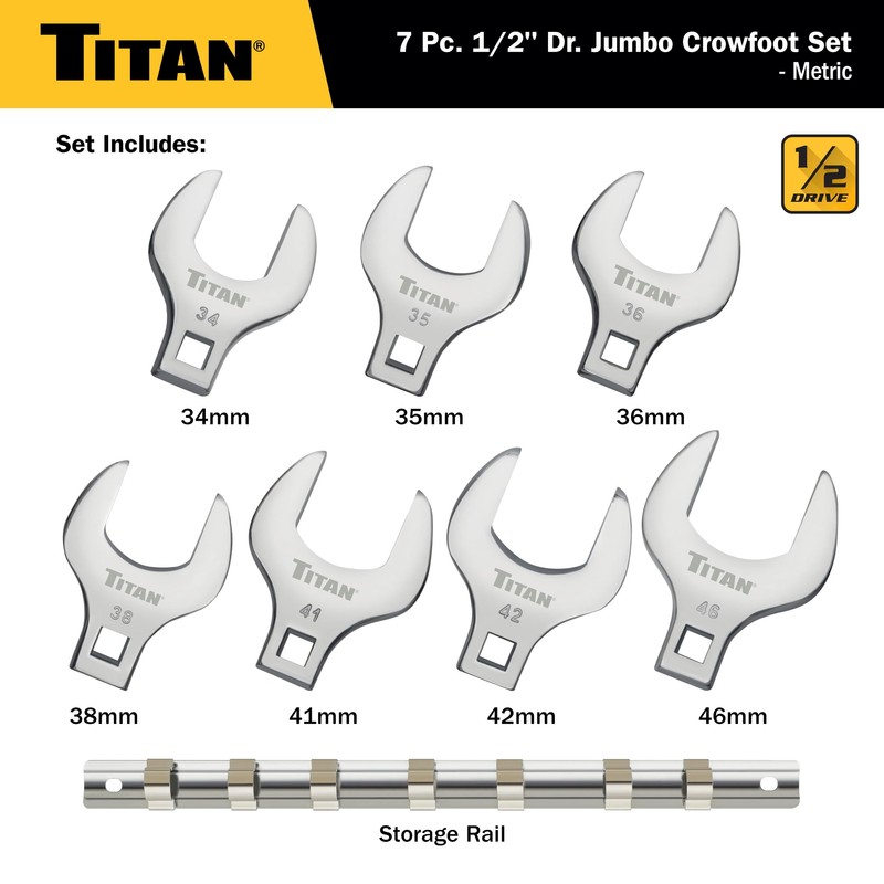 Titan 17670 7-Piece 1/2-Inch Drive Metric Jumbo Crowfoot Wrench Set