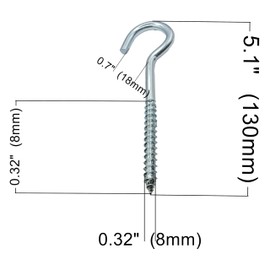 LLB 5 inch Screw-in Hooks Large Heavy Duty Cup Hooks Screw in Hooks Plain Ceiling Cup for Hanging Lights Eye Big Size: 8mm x 130mm Pack of 4