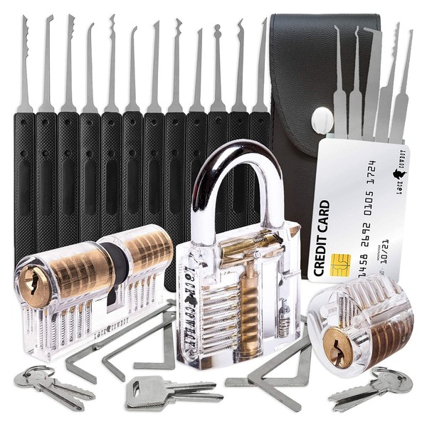 30 Pieces Lock Picking Set with 3 Transparent Training Locks and Credit Card | Lock Picking Kit by LockCowboy | Bonus E-Guides for Beginner and Pro Locksmiths