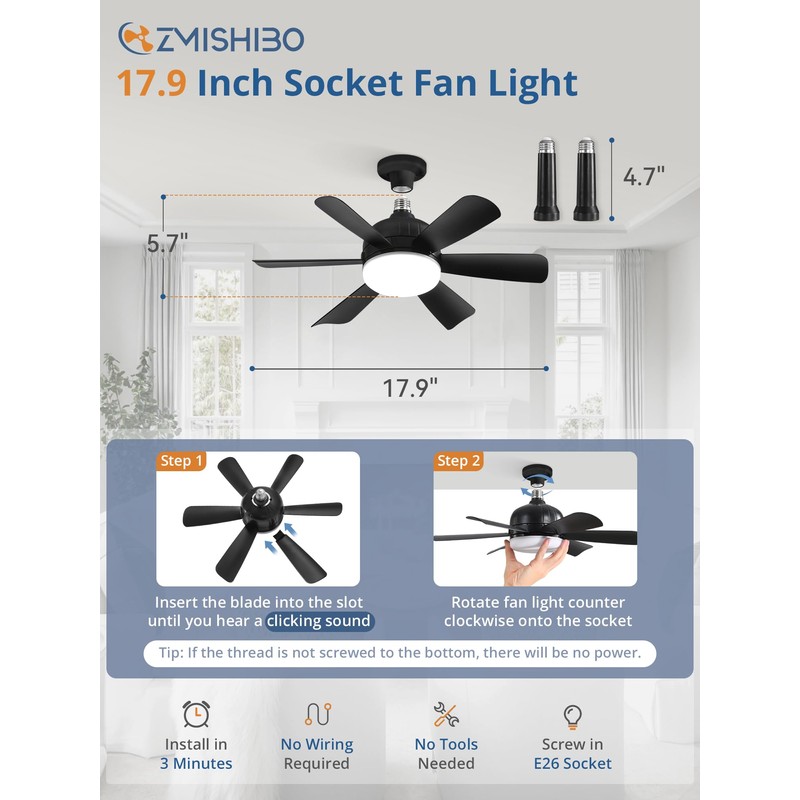 ZMISHIBO 2 Pack 17.9 Inch Socket Fan Light with Remote,