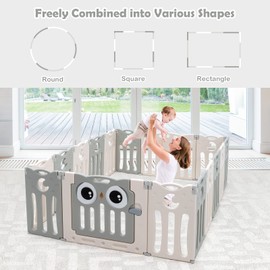 HONEY JOY Baby Play Yard, 16 Panel Owl Style Infant Playpen Activity Center for Toddlers, Anti-Slip Base & Lockable Door, Indoor Portable Safety Baby Fence Play Area for Boys Girls (Beige, 16 Panel)