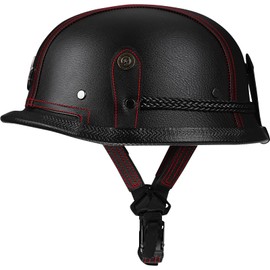 Yesmotor Motorcycle Half Helmet Retro German Handmade Leather Half Face Quick Release Buckle & Goggles - DOT Approved (Black & Red Line, XL)