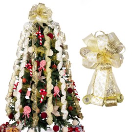 Ribtcute Gold Glitter Snowflake Christmas Tree Topper 11 inch Bow with 6 Ribbon Streamer Tails Each 3 Yards Long Christmas Tree Large Ribbon Bow Decoration