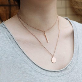 ZLESAGII Damen Layered Halskette Doppelt Kette mit Coin Disc Runden Plättchen und Bar Anhänger Runde Scheibe Geschenk Schmuck Rosegold für Frauen Mädchen