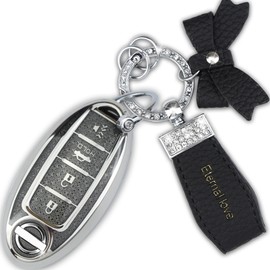Simocky Key Fob Cover with Diamond Keychain Car Key Shell Compatible with Nissan Altima Rogue Sentra Pathfinder Frontier Maxima Titan Murano Kicks Juke Versa (4 Buttons-Black Bowknot)