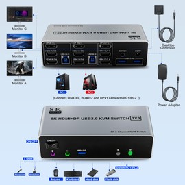 8K@60Hz KVM Switch 3 Monitors 2 Computers 4K@144Hz, 2 HDMI+Displayport KVM Switch Triple Monitor for 2 Computer Share 3 Monitor, Audio Mic Port and 3 USB3.0 Devices, Wired Remote and 5V Power Adapter