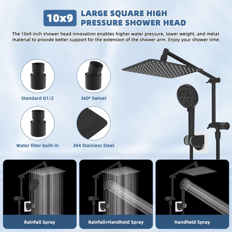 All Metal Rain Shower Head, 10” High Pressure Rainfall Shower