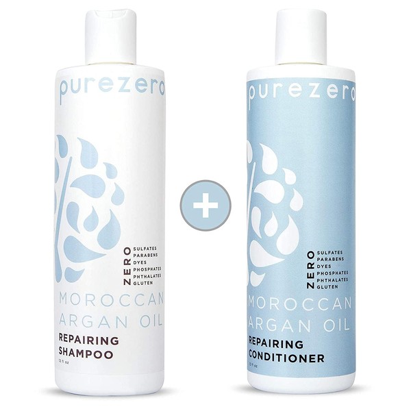 Purezero Moroccan Argan Oil Shampoo & Conditioner set - Repair Damaged Hair - Fight Dandruff & Frizz - Zero Sulfates, Parabens, Dyes, Gluten - 100% Vegan & Cruelty Free - Great For Color Treated Hair
