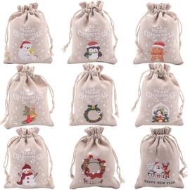 Ewanda store 30 Pcs Christmas Burlap Bags with Drawstring,4x6 inch Xmas Gift Bags Xmas Candy Bags Small Christmas Linen Bags Goody Gift Bags Treat Sacks Holiday Party Favors Bags