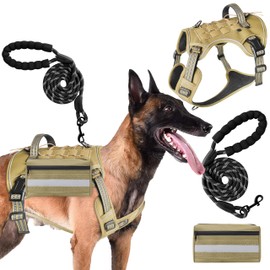 GQIRIL Tactical Large Dog Harness - Adjustable Dog Vest with Handle and Leash Set with Side Bag, No Pull Escape Proof Military Service Pet Harness for Working Training Outdoor Hiking (Khaki, XL)