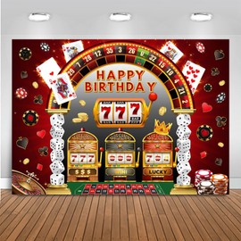 Mocsicka Casino Birthday Backdrop Las Vegas Theme Casino Night Happy Birthday Party Banner Decorations Dice Poker Birthday Photography Background Photo Booth Prop (Black/Red, 7x5ft(82''x60''))