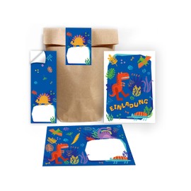 Junapack 12 Invitation Cards for Children's Birthday Parties Boys Dinosaur Dinosaur Includes 12 Envelopes, 12 Bags / Natural, 12 Stickers