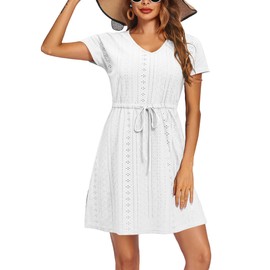 Doreyi Womens Cover Up Short Sleeve Beachwear Coverups Loose V-Neck Bikini Beach Tunic Top Swimsuit Coverup for Women White