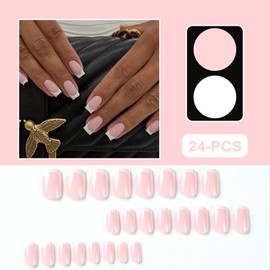 24PCS Pink French Trapezoid Almond Press on Nails Medium White Edge Fake Nails Romantic and Elegant Coffin Press on Fake Nails Glossy False Nails Full Cover Acrylic Nails for Women & Girls