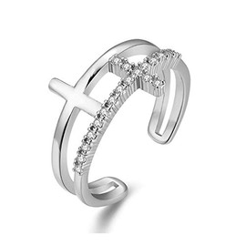 Aimys Womens Elegant 18K Rose Gold Stainless Steel Double Cross Ring Christian Fashion Wedding Engagement Band Opening Adjustable (Silver)