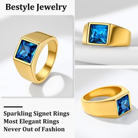 Bestyle Thick Men Gold Ring-8mm*8mm Blue Topaz Sapphire Gemstone Ring-Chunky Cool 18K Gold Plated Men Signet Ring Stacking Thick Band Ring- Retro Biker Every Day Casual Ring, Size 14