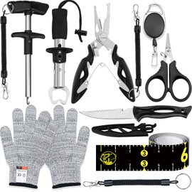 GPUSFAK 13-in-1 Fishing Multi-Tool Kit with Pliers, Fillet Knife, Lip Gripper, Scissor, Hook Remover, Tool Retractor, Fish Ruler - Fly, Ice, Saltwater & Freshwater Fishing for Serious Angler, Black