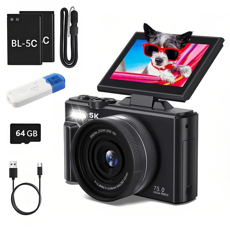 YBB Camara Digital 5K 75MP con WiFi y Pantalla Abatible