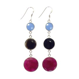 Blue Chalcedony Ruby & Black Onyx Gemstone 925 Sterling Silver Long Drop Dangle Earrings Modern Handmade Unique Designer Fashion Party Earrings Jewellery for Women