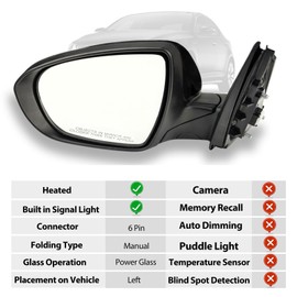 Aoocar Side Mirror Compatible With Kia Optima 2011 2012 2013, Outside Rear View Mirror With In-housing Signal Light, Heated, Manual Folding, Power Glass, Painted, Left Driver Side, Black