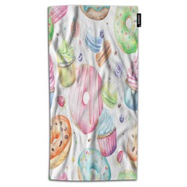 HOSNYE Cupcakes, Donuts Hand Towel for Bathroom Sweet Delicious Watercolor Pattern with Macarons Absorbent Soft Towels for Beach Kitchen Spa Gym Yoga Face Towel