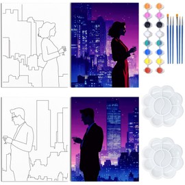 WEBEEDY 2 Pcs Paint and Sip Kit for Couple, Pre Drawn Stretched Canvas Date Night Painting Kit for Art Parties Decor, Picnic Date Supplies, Valentine's Day Gift, Adult Date Night Game, 203x245mm