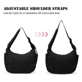 Small Puffer Crescent Underarm Shoulder Bag for Women, Nylon Quilted Purses Handbags with Adjustable Strap, Black
