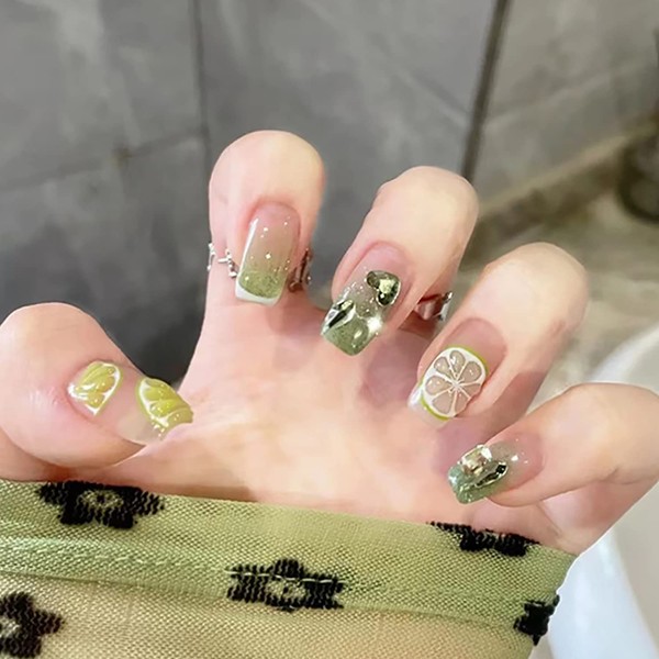 Coffin Full Cover Reusable False Nails with Lemon Green Rhinestone