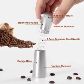 Espresso Distribution Tool with WDT Needles - 0.3mm Stainless Steel, Aluminum Alloy Handle with Stand, Black Coffee Tampers