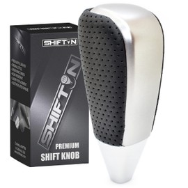 SHIFTIN Black Leather and Silver Gear Shift Knob for Toyota Land Cruiser 4Runner Sequoia Tundra and Lexus (Punched Black Leather/Gray Silver)