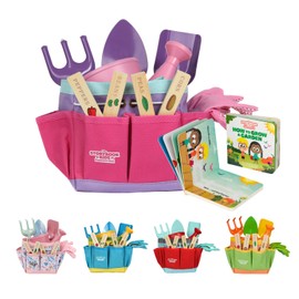 Pink Kids Gardening Tools - includes Sturdy Tote Bag, Watering Can, Gloves, Shovels, Garden Stakes, and a Delightful Children's Book "How to" Garden Tale - Kids Garden Tool set for toddler age on up.