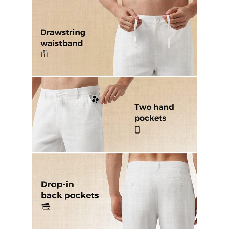 Willit Men's Linen Pants Beach with Pockets White 34W x