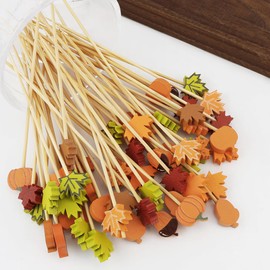 Cocktail Picks, 100PCS Toothpicks for Appetizers, Thanksgiving Party Supplies, Fancy Cocktail Skewers for Appetizers Fruit Kabobs, 4.7 Inch Long Tooth Picks Wooden Charcuterie Boards Accessories