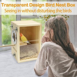 BNOSDM Small Parakeet Nesting Box, Transparent Bird Breeding Nest Boxes Natural Wood Bird Cage House with Coconut Fiber for Small Conure Lovebirds Finch Parrot Canary Mating