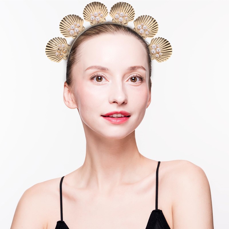 Lurrose Shell Headband Gold Seashell Crown Goddess Pearl Decor Tiara