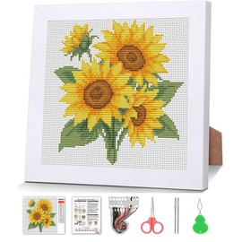 Sunflower Cross Stitch Kits for Beginners,Flowers Stamped Cross Stitch for Adults with Framed,Crafts for Girls 8-12 Embroidery Kit Partial 11CT Cross-Stitch Arts and Crafts for Adults 7.9x7.9inch