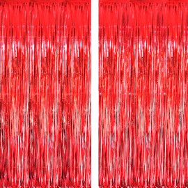 GOER 6.4 ft x 9.8 ft Metallic Tinsel Foil Fringe Curtains,Pack of 2 Party Streamer Backdrop for Birthday,Graduation Decorations and New Year Eve (Red)
