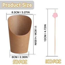 Lxoraziy 50 Stück Snackbecher aus Kraftpapier mit 100 Cocktailspießen – Einweg Food Cups mit PE-Beschichtung für Pommes, Waffeln, Fingerfood & Partys