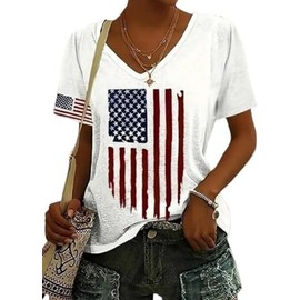 Women's V-Neck America Flag Patriotic T-Shirt Summer 4th of July Independence Day USA Star and Stripes Graphic Tees (White,XL)