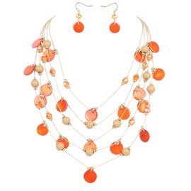 Firstmeet Handmade Multi-Layer Round Shell Wooden Beads Necklace with Earrings(XL-1101-Orange)