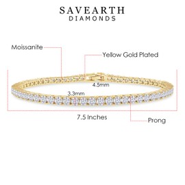 SAVEARTH DIAMONDS 18K Yellow Gold Plated Moissanite Tennis Bracelet for Women | 3.3MM Width Round Moissanite Diamond Stackable Cuff Bracelets| Gold Bracelets for Her Size -7.5 Inch (5.90 Cttw)