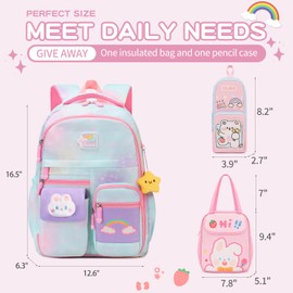 Fisent 3PCS Kids Backpack for Girls, Girls Backpack Set,Cute Bunny Rainbow School Backpack with Lunch Bag Pencil Case 16.5in