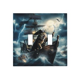 Spshian Decorative Light Switch Cover Plate Funny Cat Pirate Ship Sea Ocean Nautical Sailboat 2 Gang Switch Plate Covers Double Toggle Wall Plates Electrical Faceplate for Bathroom Bedroom Decor
