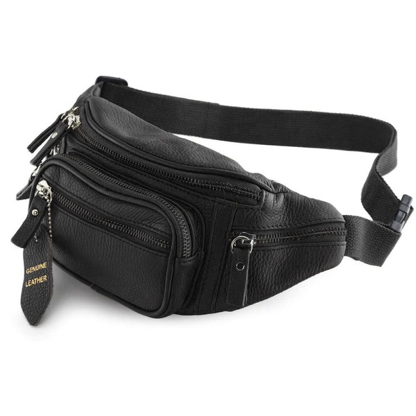 Fanny Pack Waist Bag Multifunction Genuine Leather Hip Bum Bag Travel Pouch for Men and Women- Multiple Pockets & Sturdy Zippers Ideal for Hiking Running And Cycling (Black)